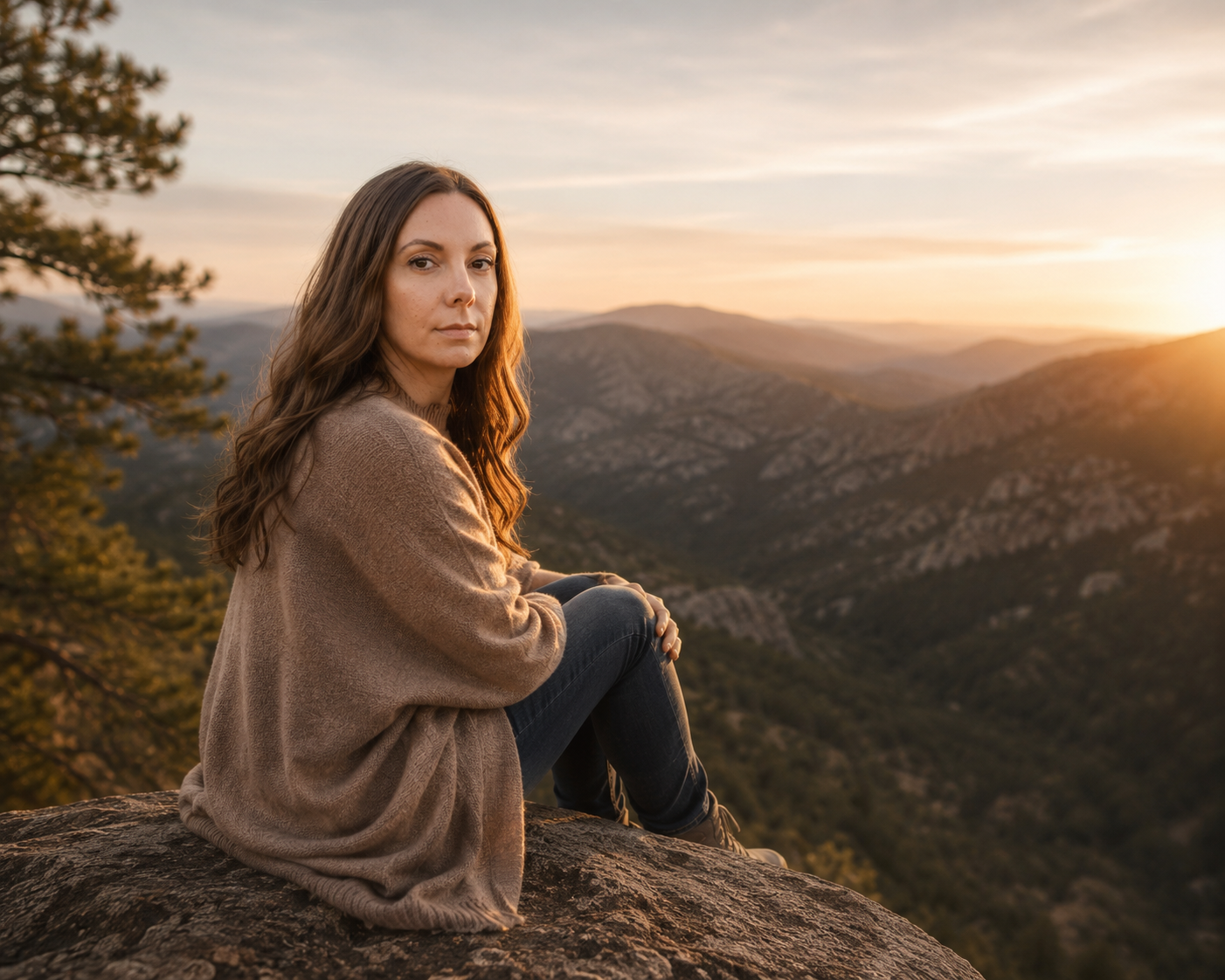 Ann seated in a mountain landscape